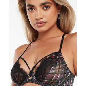 Savage X Fenty A Little Tart Unlined Bra Black Lace Plaid 32D Plunge Feminine